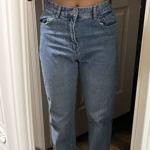 Dark washed denim high waisted straight legged jeans
